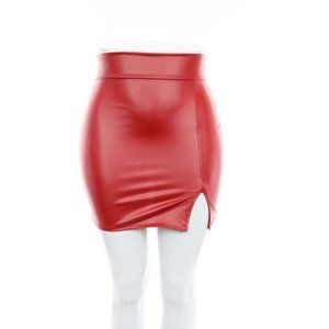 USA High Waist Split Hem Pu Leather Women Skirt style stretches XL-2X-3X RED